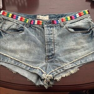 Free People Blue Jean Shorts with Colorful Waistband